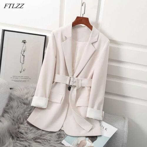 FTLZZ New Elegant Women Notched Collar Button Blazer Office Lady Beige Black Blazer with Belt Vintage Long Sleeve Blazer