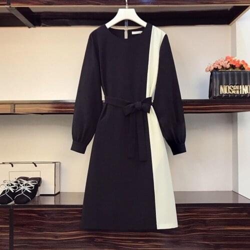 Plus Size 4XL Women Office Elegant Vintage Patchwork Black Dress Autumn Fall Long Sleeve O Neck Dresses 2021 Ladies Clothing