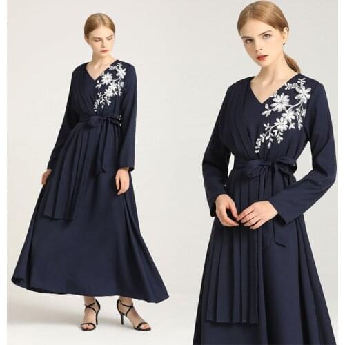 Womens Clothing Muslim Long Dresses Summer New Floral Embroidery Slim Thin Irregular Pleated Skirt Fashion Islamic Clothing