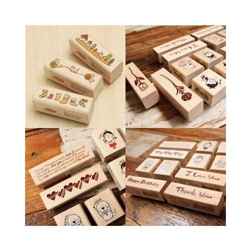 Cartoon Decorative DIY Wood Stamp Retro Flower Cat Scrapbooking Craft Stamp Diary Decoration 10pcs SK777