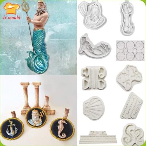 10 Styles Ocean Series Silicone Molds King of the Ocean Silicone Cake Moulds Mermaid Shell Chain Chain Mao Gold Coin, Chocolate