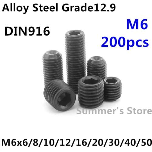 200pcs/lot DIN916 M6 Alloy Steel Hex Socket Set Screw M6*6/8/10/12/16/20/25/30/35/40/45/50mm black Grub Screw Grade 12.9