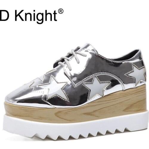 22.5cm-25cm 2020 Patent Leather Square Toe Fashion Casual Shoes Stars Lace-up Height Increasing Women Wedge Heels Platform Shoes