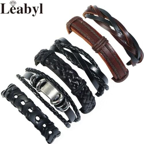 6 Pcs/Set Leabyl Classic Simple DIY Braided Leather Strap Bracelet Punk Handmade Rope Vintage Bracelet Set Jewelry for Men Women