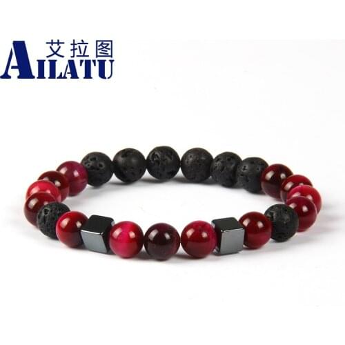 Ailatu Men Jewelry 8mm A Grade Pink Tiger Eye Stone with Lava Beads Square Hematite Classic Bracelet