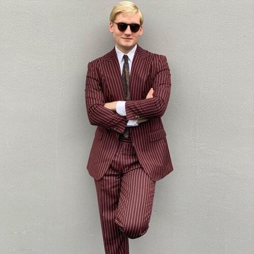 Burgundy Pinstripe Wedding Tuxedos One Button Slim Fit Peaked Lapel Groomsmen Wear Custom Made Best Man Jacket Pants