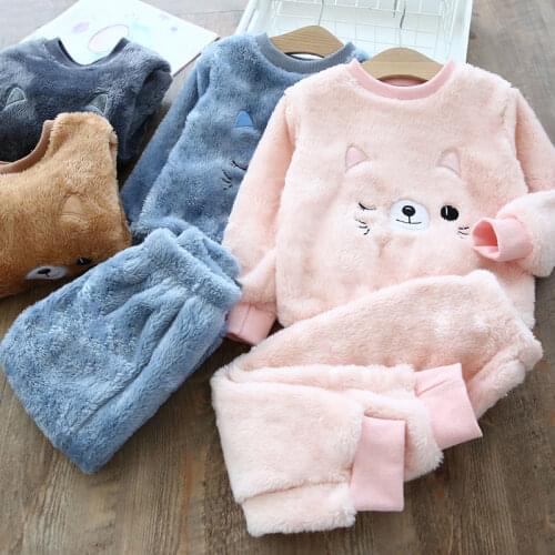 Kids Clothing Sets Children Winter Paiamas Baby Girls Warm Home Clothes Boy Flannel Pajamas 2-Piece Suit Cute Set Of Heads Pink