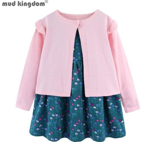 Mudkingdom Girls Sweater Set Spring Autumn Kids Chothes Long Sleeve Knitted Cardigan+Sleeveless Dress Suit Flower Print Dresses