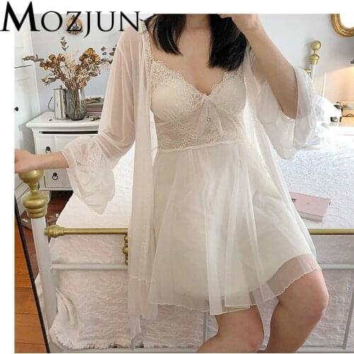 Sexy Lace Floral Lingerie Robe For Women Two Piece Home Dress For Sleep Sexy Costume Clothes Sets Brand Mozjun #MZ142