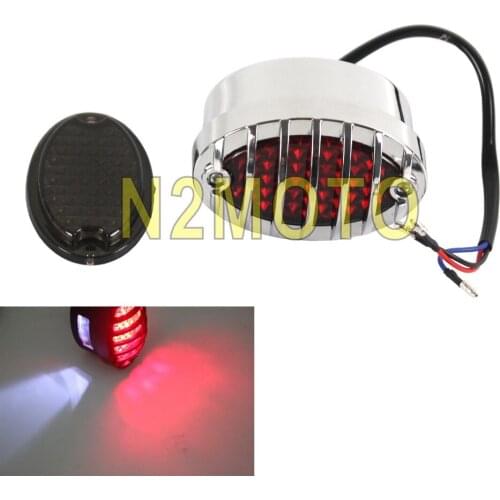 Chrome Grille LED Rear Taillight Oval License Plate Light Universal for Harley Chopper Cafe Racer Cruiser Bike Brake Lamp