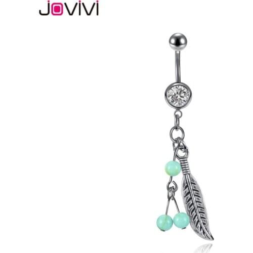 JOVIVI 14G Surgical Steel CZ Crystal Belly Button Ring Blue Stone Feather Navel Piercing Jewelry Bar Length 12mm Body Piercing