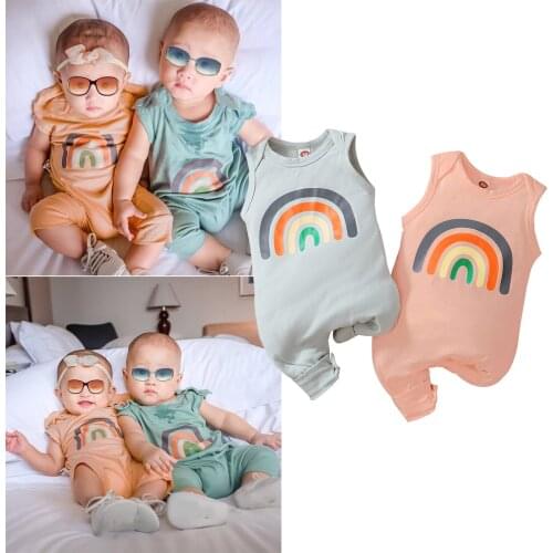 Infant Baby Girls Summer Sleeveless Jumpsuit with Rainbow Pattern Print Cotton New Loose Fit Ribbed Toddler Summer Clothing