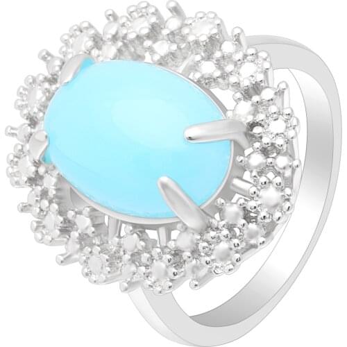 Fashion Jewelry Micro Paved White Cz Zircon Round Stone Light Blue fire Opal Oval Wedding Ring For Woman Beautiful Flower Ring