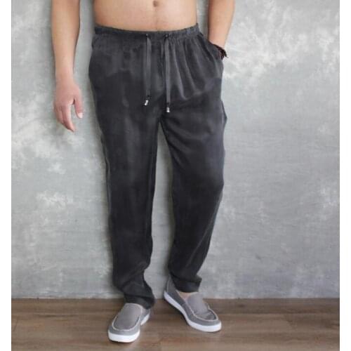 Men Comfort Real Silk Elastic Waist Long Skinny Pant Leisure Thin Trousers V16