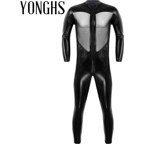 Men Womens Lingerie Full Body Bodysuit Wet Look Leather High Neck Long Sleeves Zipper Crotch Front Mesh Splice Leotard Bodysuit