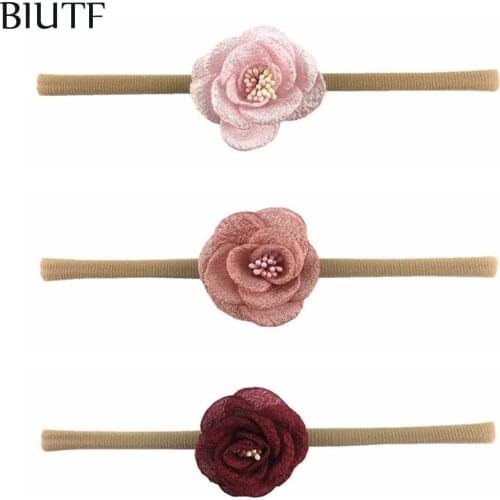 5pc/lot Tan Color Nylon Headabnd with Rolled Fabric Camelia Flower Kids Fashion Headwear Accessories HB069