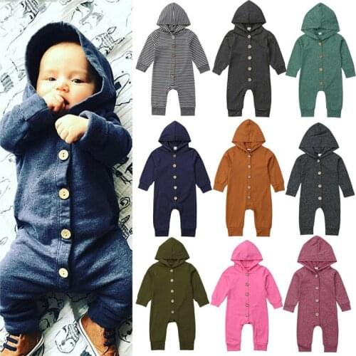 Autumn Winter Baby Boy Girl Cotton Hooded Romper Jumpsuit Long Sleeve Solid color Long Trousers Playsuit Clothes 0-24M