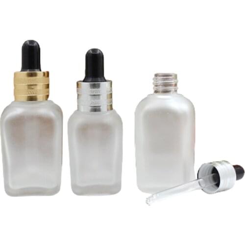Empty Square Glass Frosted Bottle Essential Oil Dropper Vials Packaging Container New Gold Silver Ring10ml 20ml 30ml 50ml 15pcs