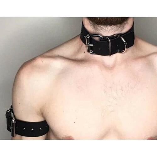 Sexy Man Leather Strap Slave Bondage Collar Leash Neck Fetsih Erotic BDSM Sex Adult Games Toys Metal Buckle Arm Rings Harness