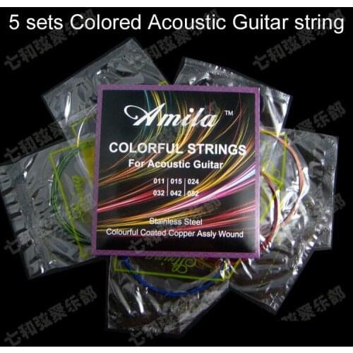 5 Sets Colored Acoustic Guitar Strings,Rainbow Colorful Color Folk Guitar String 1st-6th Strings 011-050