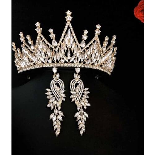 Gold/Silver Color Crystal Tiaras and Crowns Pendant Earrings Rhinestone Headbands for Women Bride Wedding Hair Jewelry Sets