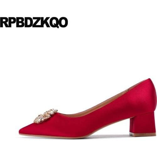 Bridesmaid Low Heels Crystal Bridal Shoes 3 Inch Red Girls Block Thick Silk Satin Wedding Pointed Toe Flower High Pumps Ladies