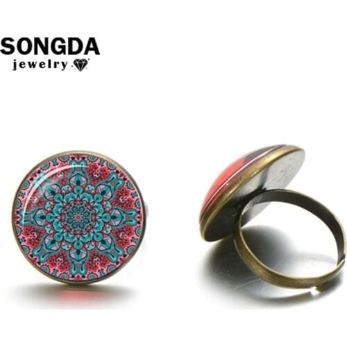 SONGDA Vintage Buddhism Mandala Glass Dome Ring OM Indian Yoga Chakra Henna Adjustable Size Rings for Women Handcrafted Jewelry