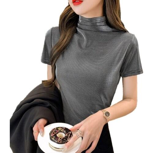 Half-turtleneck woman tshirts bright silk shine short sleeve tee shirt femme autumn women clothes pullovers top oversize t shirt