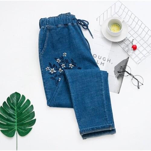 2021 Fashion Women Mom Jeans Pants Floral Embroidery Long Trousers Elastic Waist Pockets Zipper Female Harem Pants Plus Size