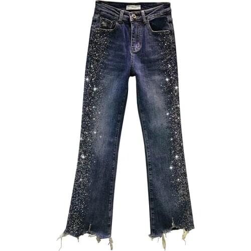 2021 New Women Hot Rhinestone Cotton Elastic Jeans Spring Autumn High Waist Wide-Leg Pants Plus Size Womens Casual flared Pants