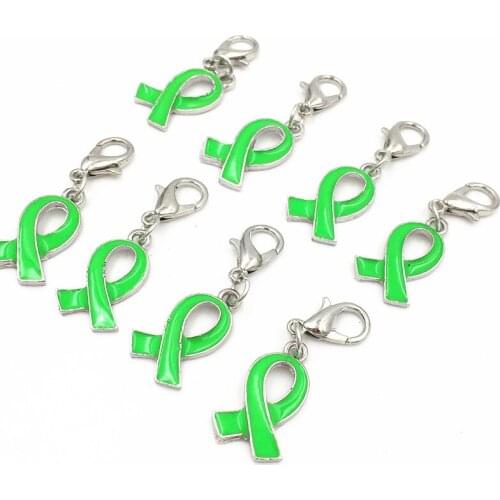 50pc) Wholesale Lead and Nickle Free Alloy Lobster Loop Green Ribbon Psychiatric Lymphoma Awareness Drop Charm