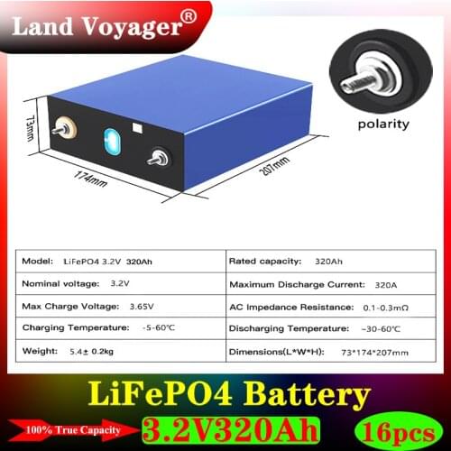 16PCS Land Voyager 100% New Lifepo4 320Ah 3.2V Grade A 12V 310AH Battery Pack DIY RV Cell and Solar Energy Storage System