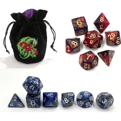 Rollooo Drawsting Velvet dice bag & 14 Dice for Roleplaying Games