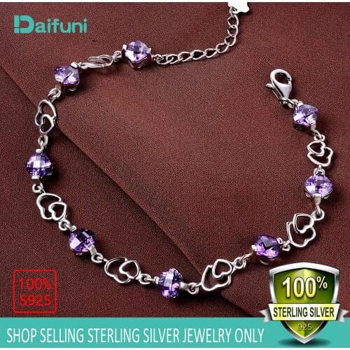 Daifuni Women Adjustable 925 sterling Silver Bracelet For Women New Arrival Luxury Purple Crystal Heart Charm Bracelets 19.5CM