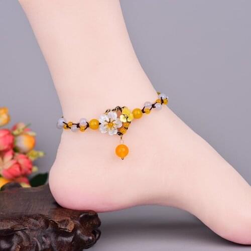 Elegant Retro Hand-knitted Coloured Glaze Beads Anklet Temperamental Exquisite Shell Flower Foot Chain Jewelry Accessories
