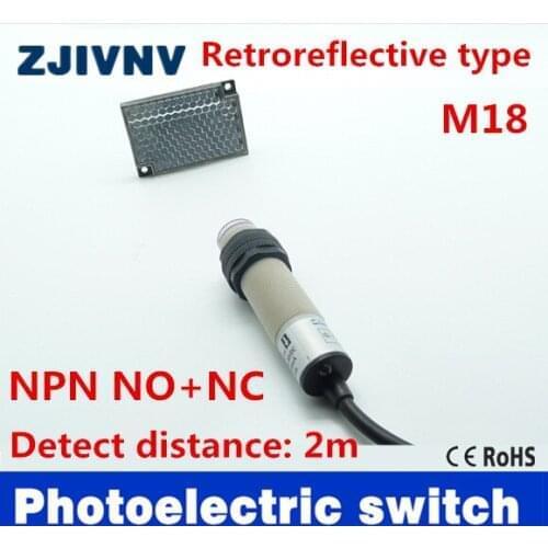 M18 Retroreflective type NPN/PNP NO+NC dc 4 wire photoelectric switch Infrared photocell sensor mirror reflector distance 2m
