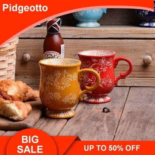 280ml Hand painted 3D flowers ceramic coffee cup retro style fashion pattern office couple water cups and mugs free shipping