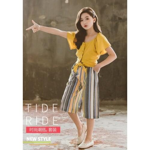 Hot-selling girls suit Korean childrens summer new fashion striped wide leg pants two-piece suit