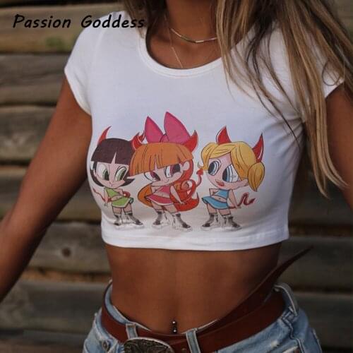 Cute Women Cartoon Printed Cropped Shirts Japanese Style Kawaii Cartoon Graffiti T-shirt Summer White Cotton Sexy Girl Navel Top