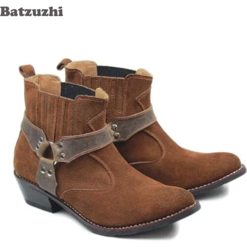 Handmade Mens Boots Pointed Toe Rock Cowboy Ankle Boots for Men Real Cow Leather Botas Hombre Brown Suede Military Boots, 35-46