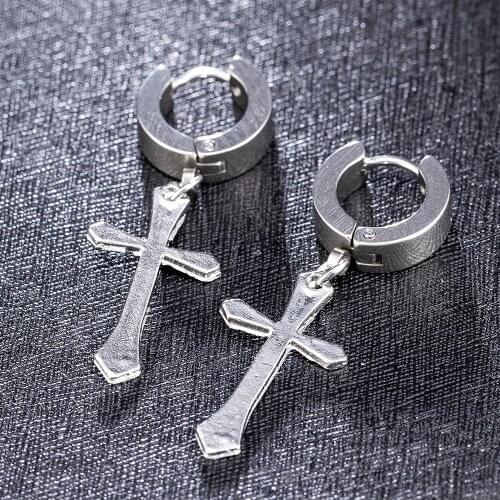 Men Women Black Titanium Cross Hoop Earrings Circle Earrings Punk Cool statement Jewelry For women