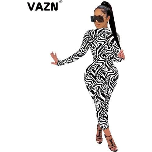 VAZN New 2020 Formal Shinny Bandage Dress Full Sleeve Sheath Dresses O-neck Striped Print Maxi Dress