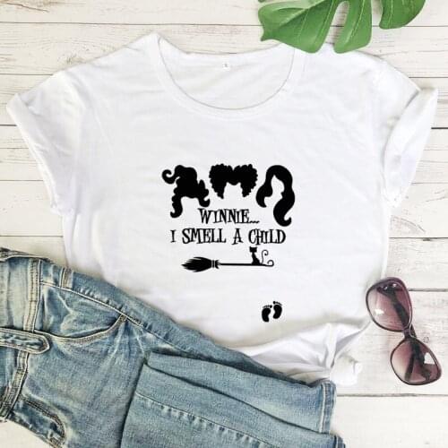 Autumn Short Sleeve Halloween Party Gift Tshirt camiseta Winnie I Smell A Child T-shirt Funny Women Graphic Witches Tee Top