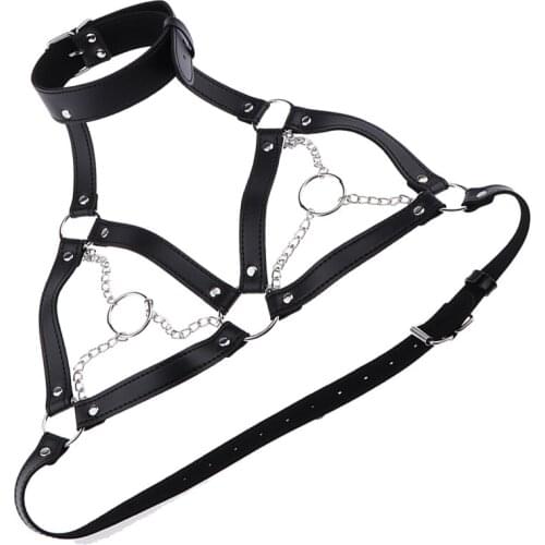 Sexy Black Leather Cage Bra Harness Straps Gothic Steampunk Costume Top for Women Night club wear open bra