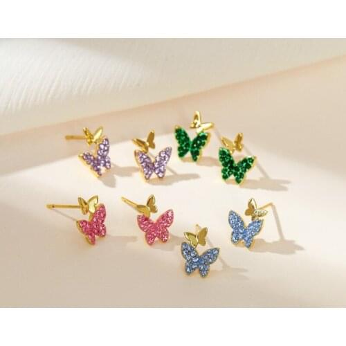 Ofertas Wholesale Fashion Korean Style 6 Colors Small Butterfly Crystal Zinc Alloy Stud Earrings for Women Wedding Party