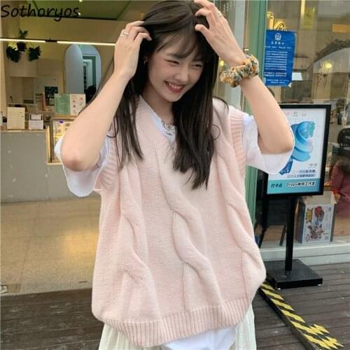 Women Solid Sweater Vests Twist Knitting Oversize Casual Sweet Temperament Ulzzang All-match Students Harajuku Retro Jumpers Hot