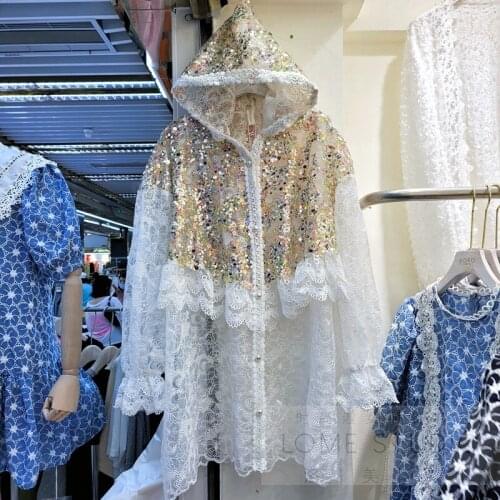 Heavy Lace Sequins Stitch Thin Coat Women Fashion High Street Hollow Out Sun-protective Clothing 2021 Spring Summer New