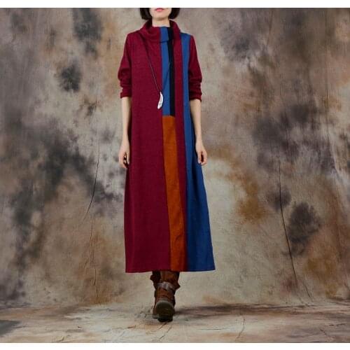 Women Retro Turtleneck Patchwork Dress Ladies Vintage Contrast Color Spliced Autumn Winter Bottomign Dress Female Casual Dress