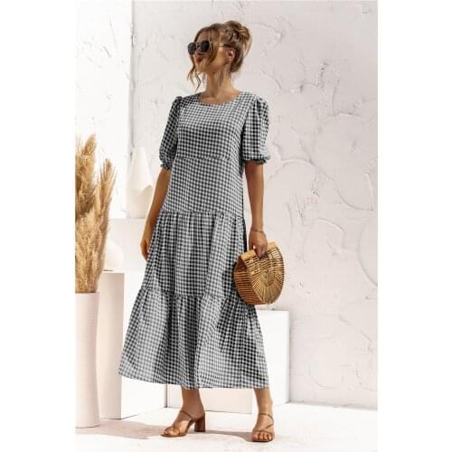 Happie Queens women wave lattice short sleeve beach loose Bohemian maxi dress Ladies v-neck Boho sundress vestidos