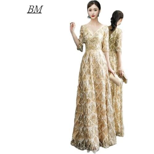 Elegant Sequined V-Neck Prom Dresses 2021 Beaded Formal Evening Bridesmaids Party Birthday Pageant Gowns Robes De Soiree BM772